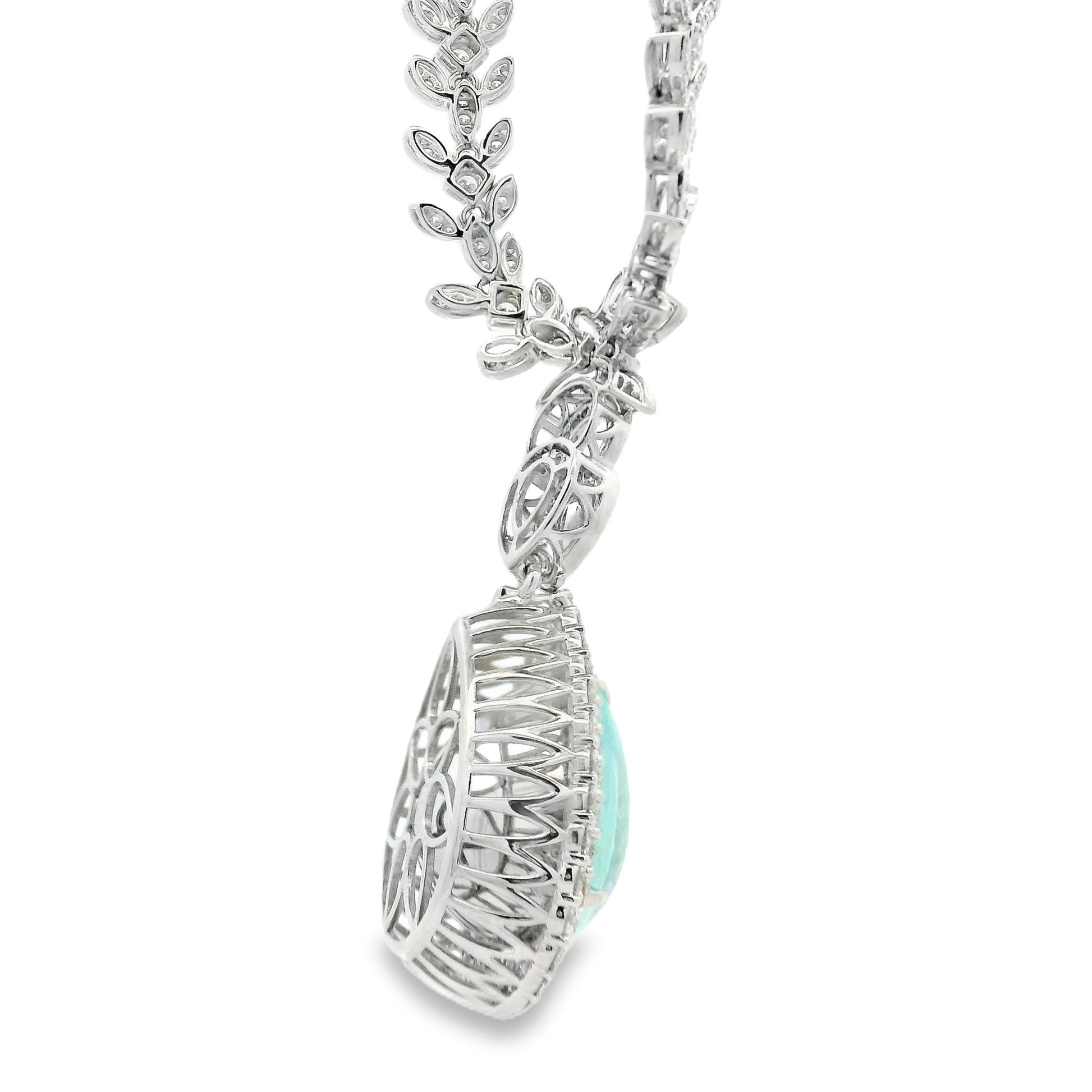 18k White Gold GIA Certified 19.58ct Paraiba Tourmaline & 6.58ctw Diamond Necklace — worn at the neckline