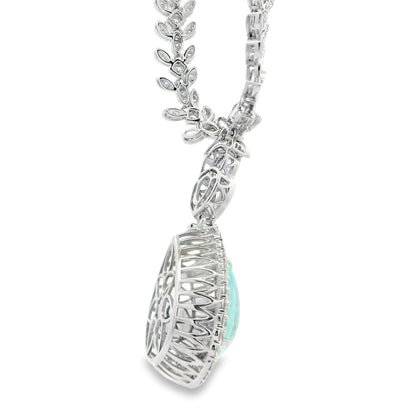 18k White Gold GIA Certified 19.58ct Paraiba Tourmaline & 6.58ctw Diamond Necklace — worn at the neckline