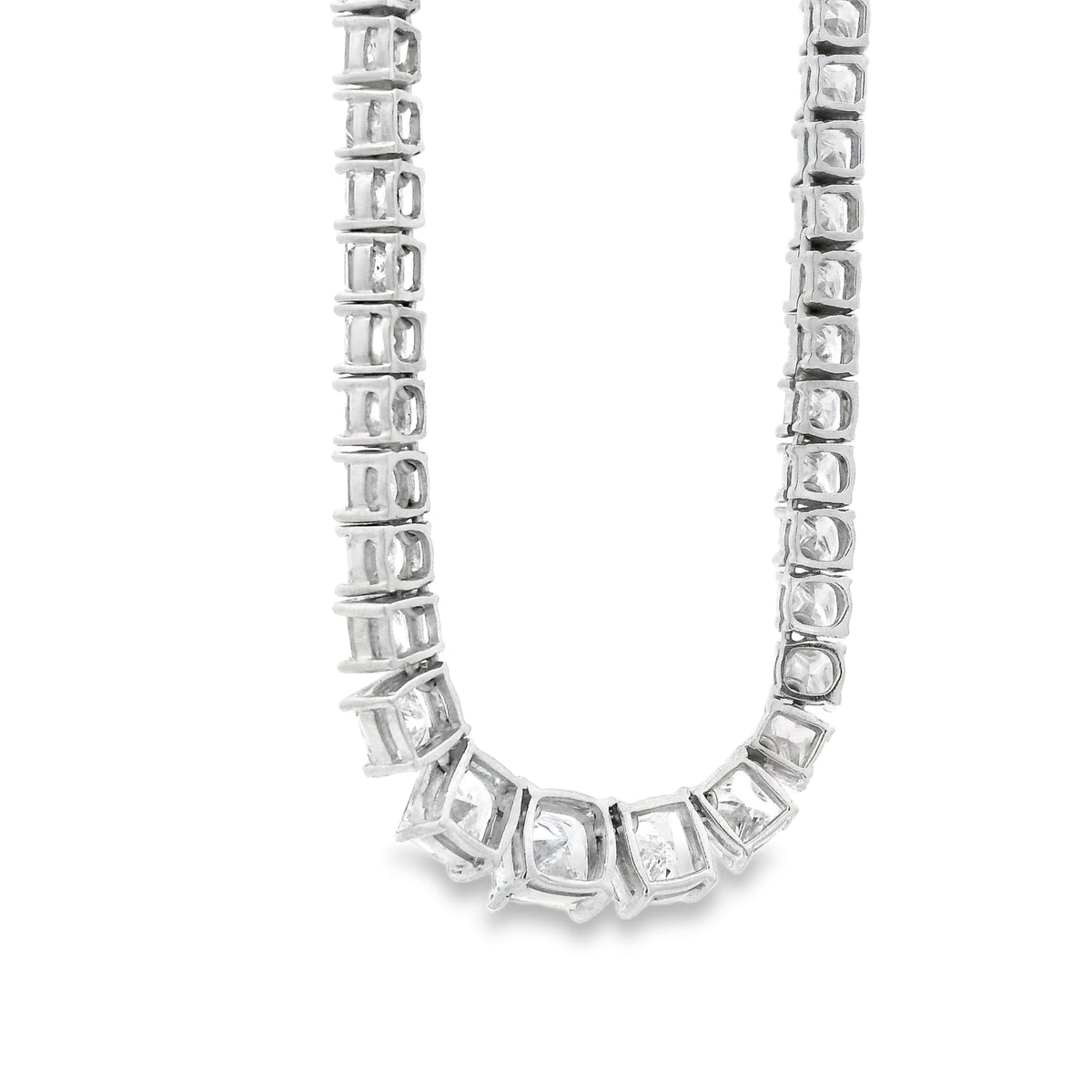 18k White Gold 19.06ctw Princess Cut Diamond Graduated Tennis Necklace 16" — worn at the neckline
