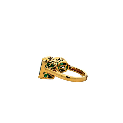 18k Yellow Gold 7.65ctw Two-Stone Natural Emerald Toi et Moi Ring — worn on the finger