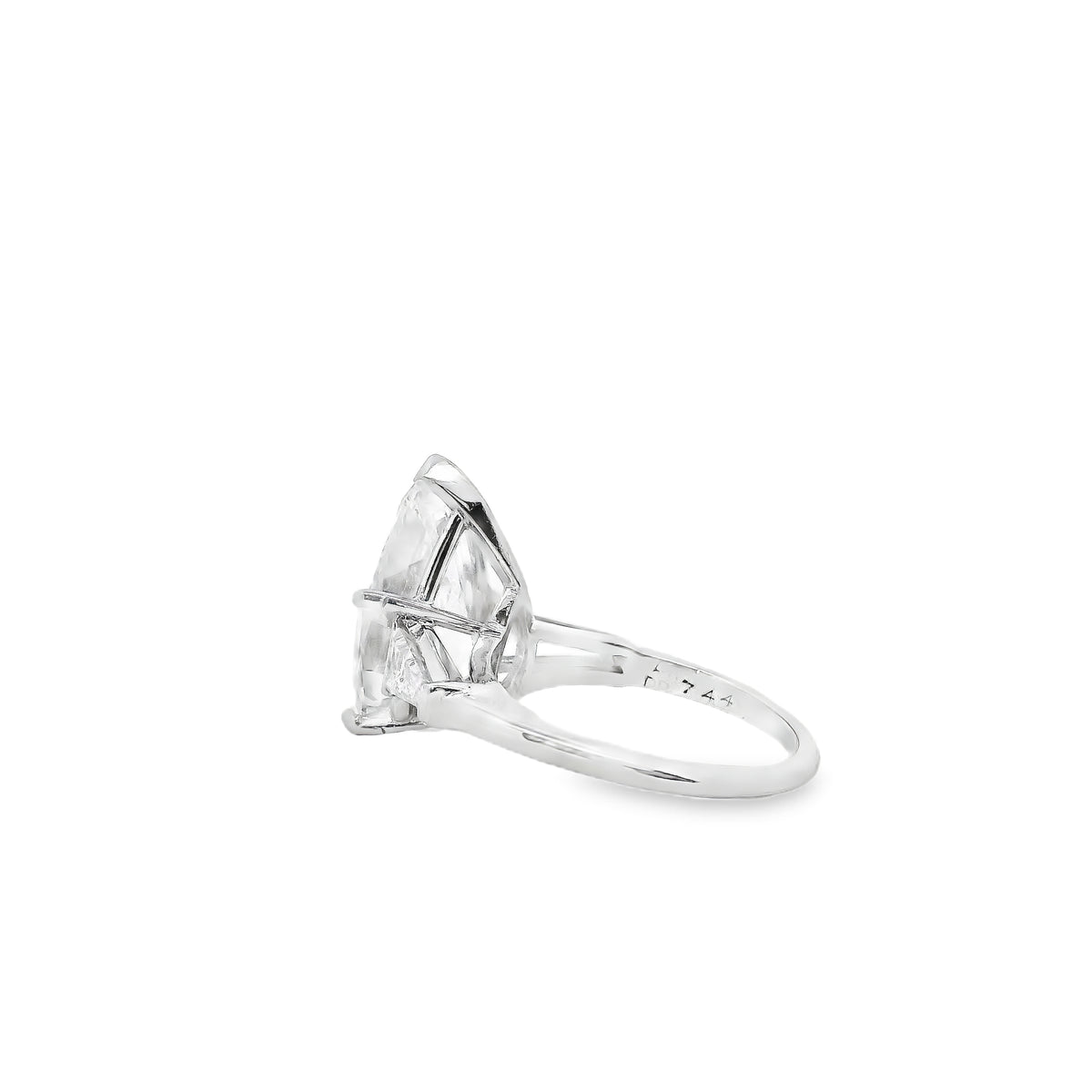 Platinum 4.69ct GIA Pear Cut Diamond Tapered Baguette Three-Stone Engagement Ring — worn on the finger