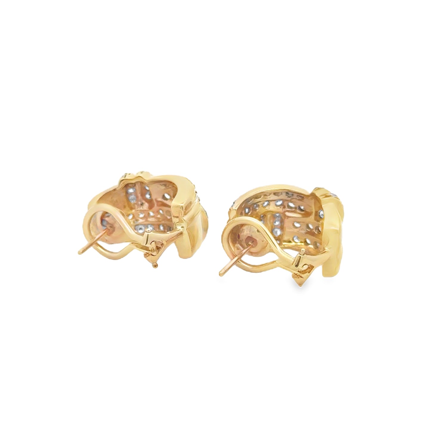 14k Yellow Gold 0.75ctw Round Brilliant Diamond Crossover Hoop Earrings — worn on the ear