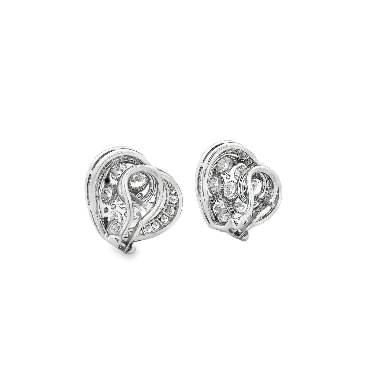 Platinum 8.00ctw Round Brilliant Diamond Heart Shape Cluster Earrings — worn on the ear