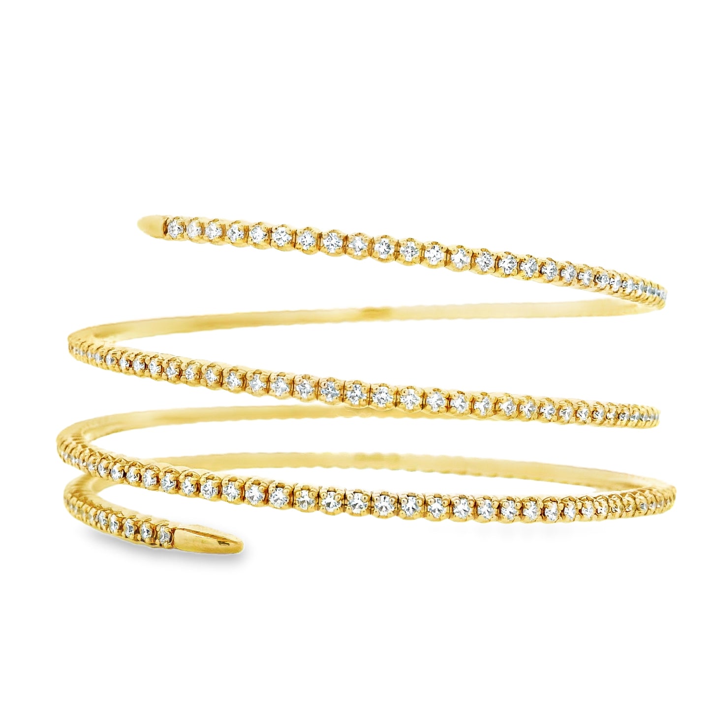 14k Yellow Gold 5.42ctw Natural Round Brilliant Diamond Triple Coil Bangle Bracelet — worn on the wrist