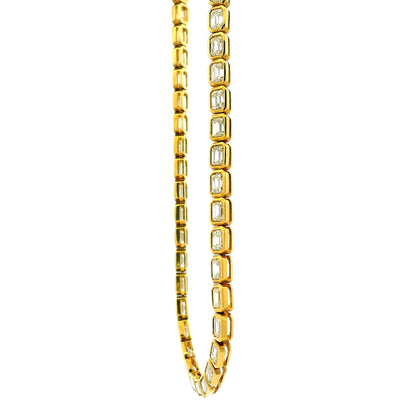 18k Yellow Gold 7.51ctw Emerald Cut Natural Diamond Bezel Station Necklace — worn at the neckline