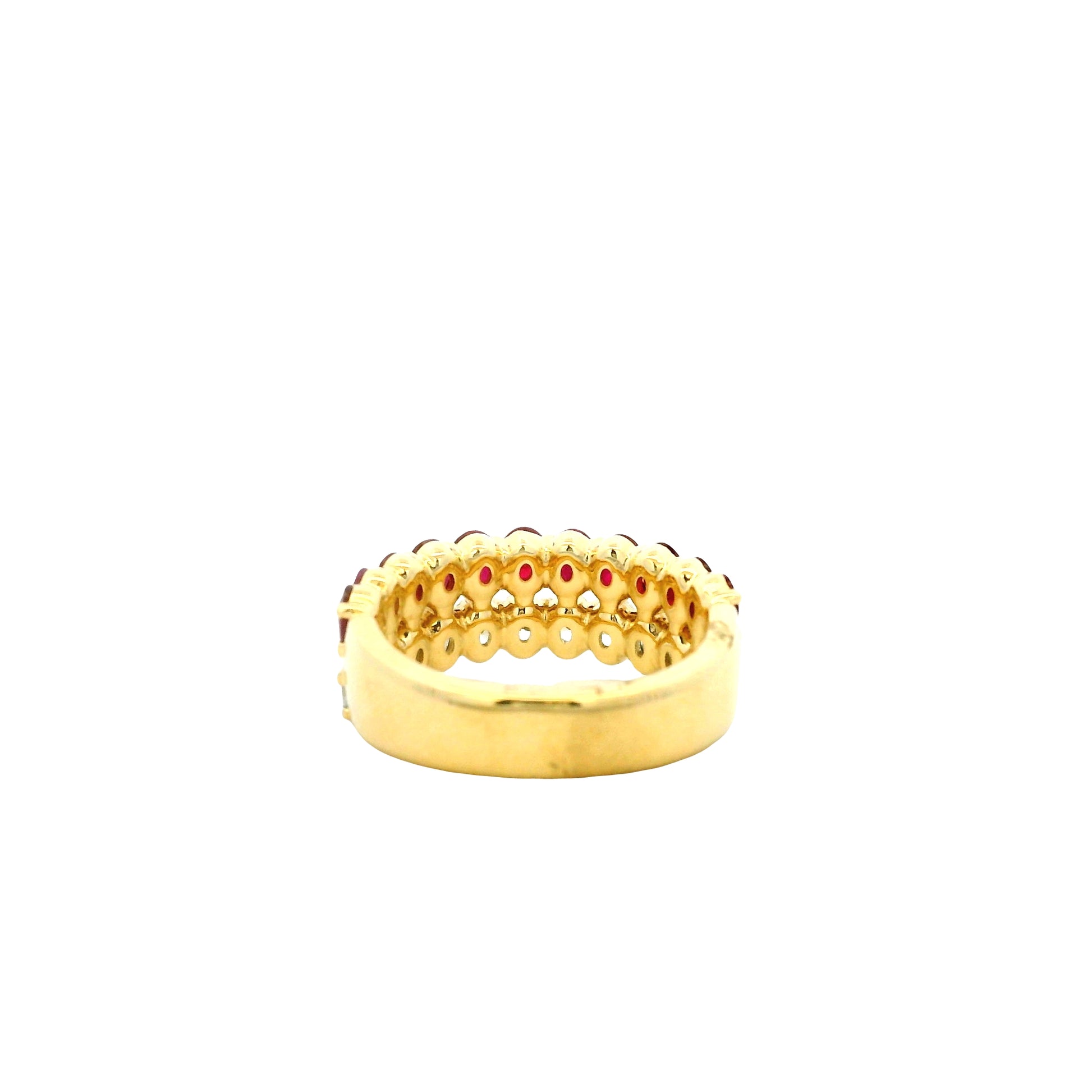 14k Yellow Gold 1.51ct Oval Diamond and 2.10ctw Ruby Two Row Cocktail Ring — worn on the finger