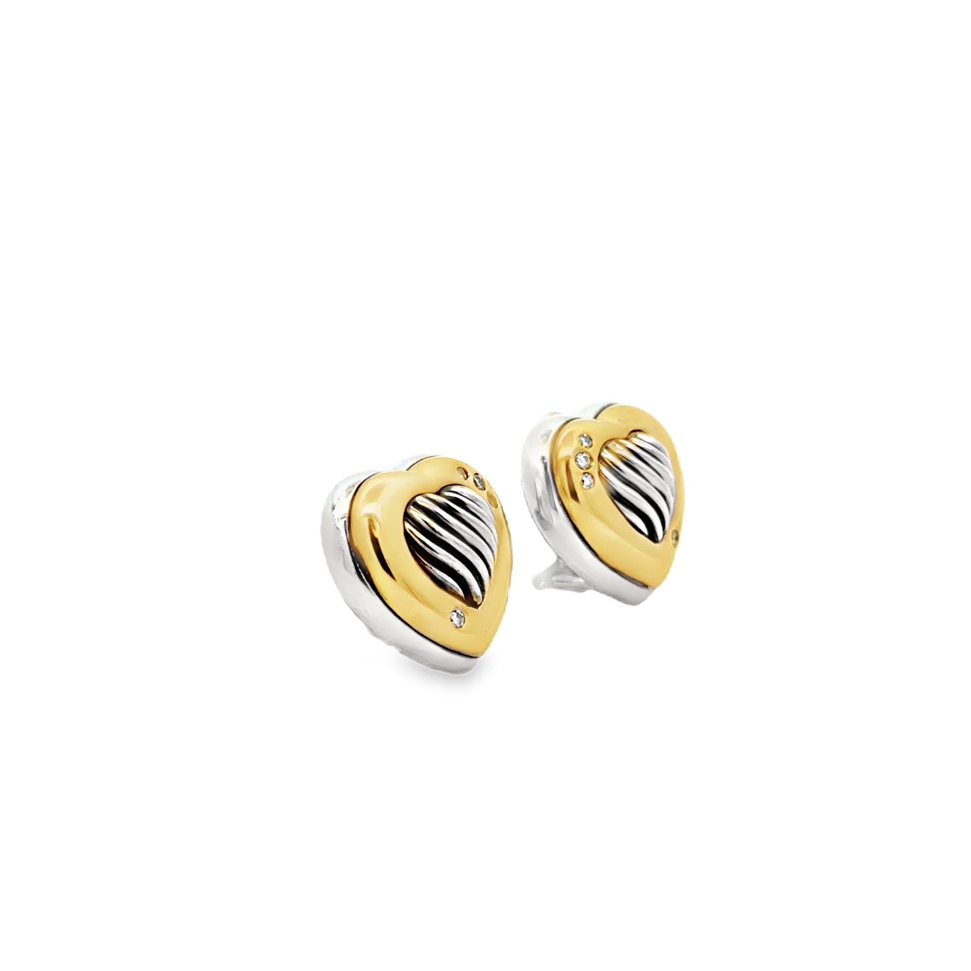 David Yurman 18k Yellow Gold and Sterling Silver 0.10ctw Round Diamond Heart Clip-On Earrings — worn on the ear