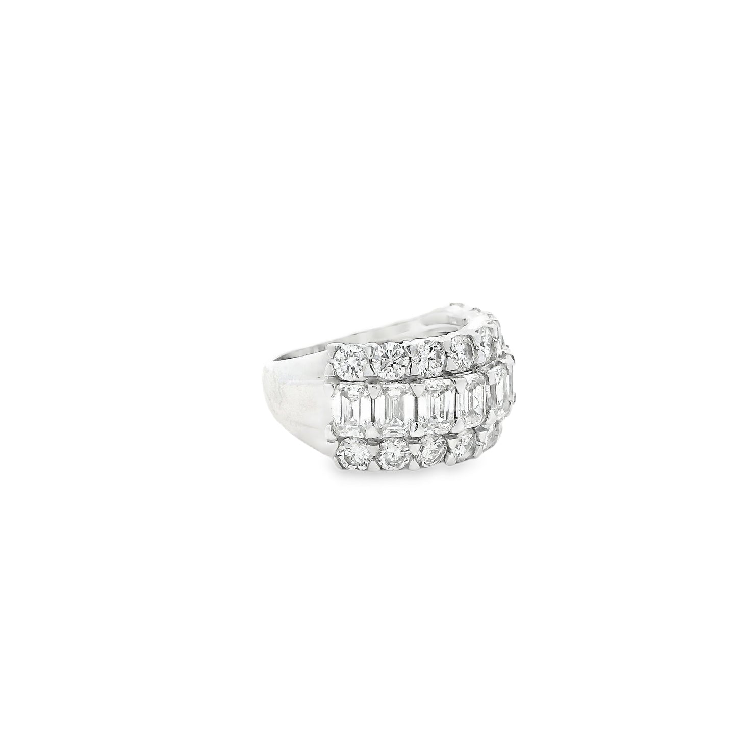 14k White Gold 5.09ctw Round and Baguette Cut Lab-Grown Diamond Three-Row Fashion Band — worn on the finger