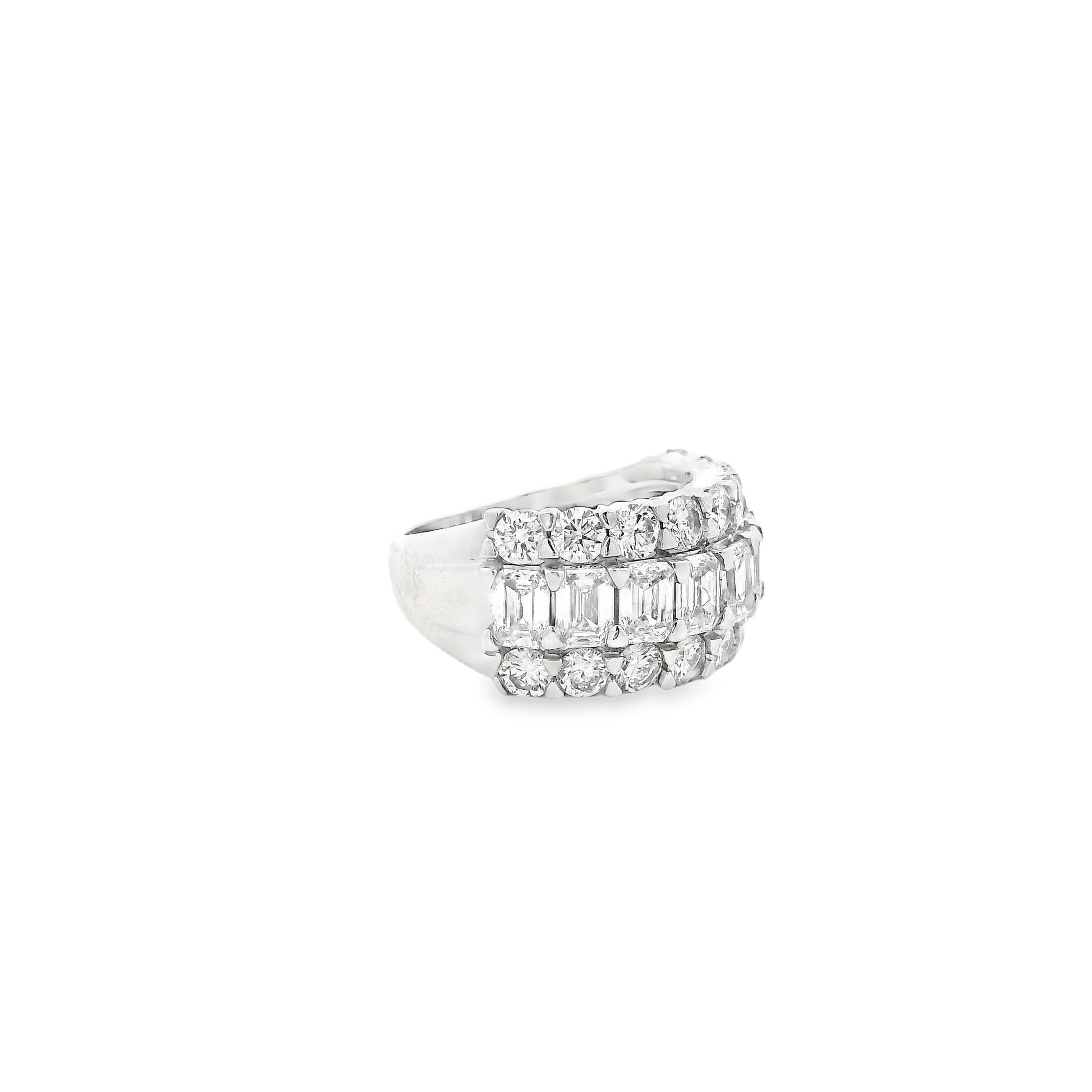 14k White Gold 5.09ctw Round and Baguette Cut Lab-Grown Diamond Three-Row Fashion Band — worn on the finger