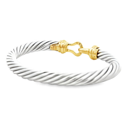 David Yurman Silver and 14k Gold Classic Cable Buckle Bangle Bracelet — worn on the wrist