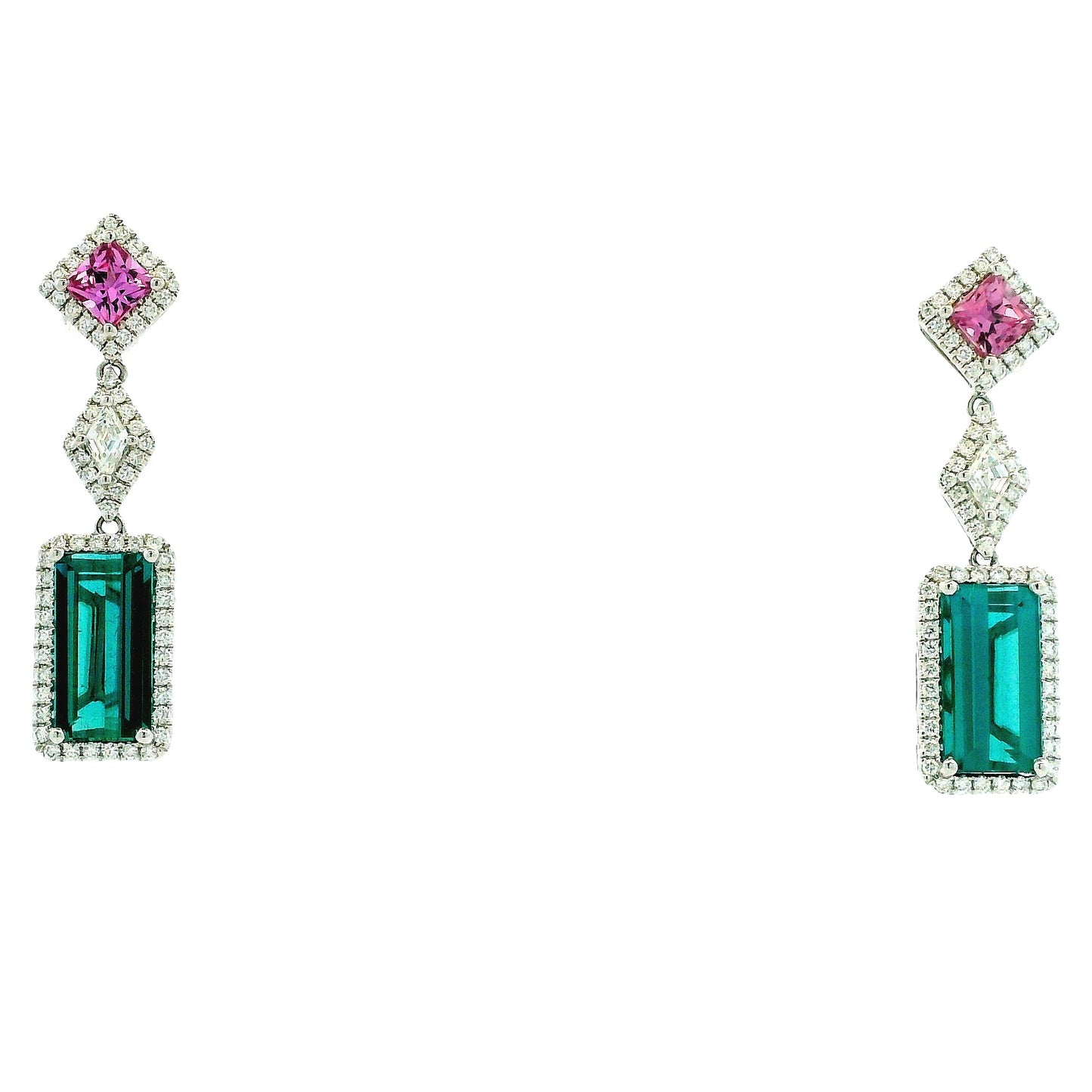 14k White Gold 6.52ctw Blue Tourmaline, Pink Sapphire, and Diamond Drop Earrings — worn on the ear
