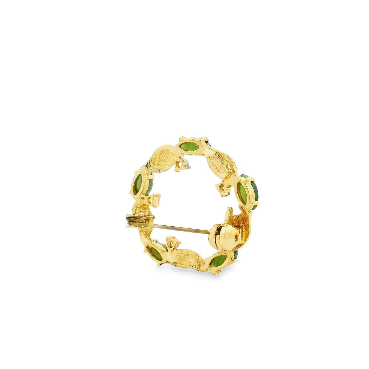 14k Yellow Gold Jade and Diamond Floral Wreath Brooch Pin — worn on the finger