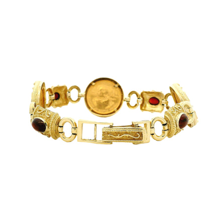 14k Yellow Gold American Eagle Coin Bracelet with Cabochon Gemstones — worn on the wrist