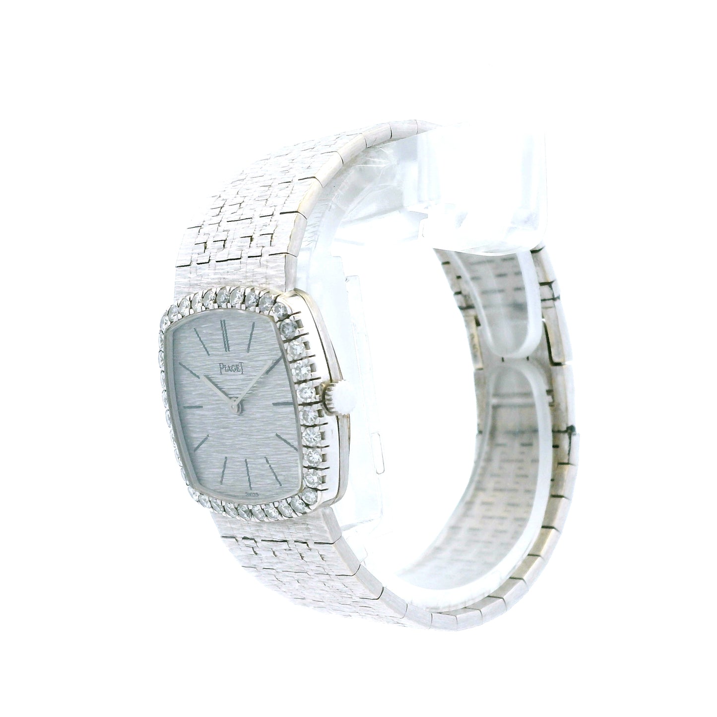 Piaget 9236 A6 18k White Gold Diamond Bezel 23mm Silver Dial Ladies Watch — worn on the wrist