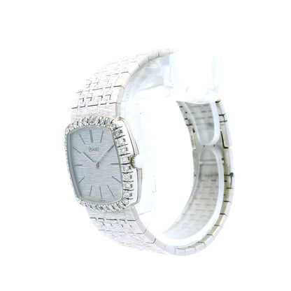 Piaget 9236 A6 18k White Gold Diamond Bezel 23mm Silver Dial Ladies Watch — worn on the wrist