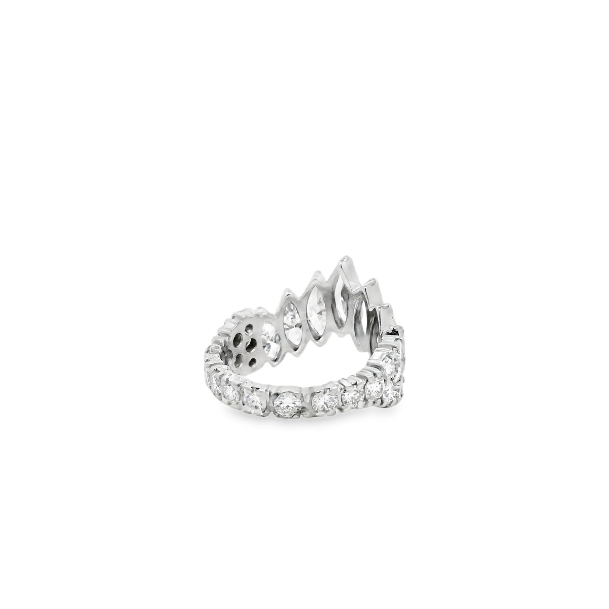 18k White Gold 3.80ctw Marquise and 2.20ctw Round Brilliant Diamond Contour Wedding Band — worn on the finger