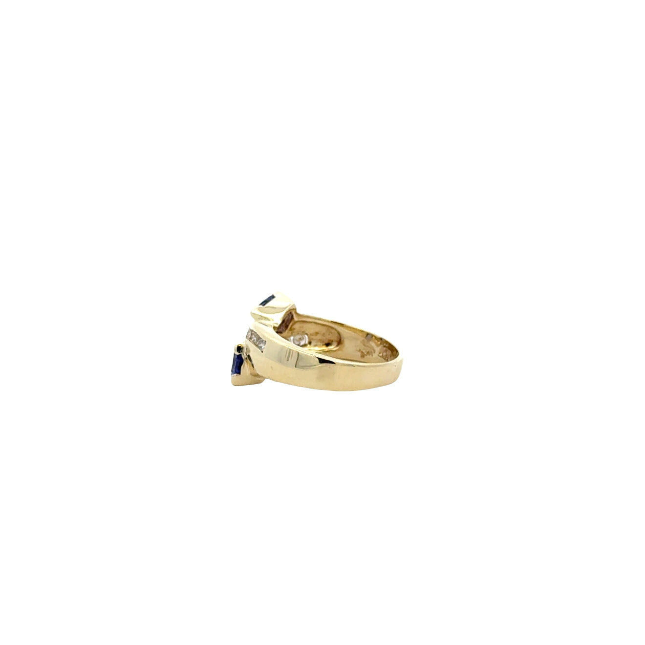 14k Yellow Gold Two-Stone Heart Tanzanite and 0.25ctw Diamond Ring — worn on the finger