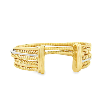 David Yurman 18k Two-Tone Crossover Collection Diamond Cuff Bracelet — worn on the wrist