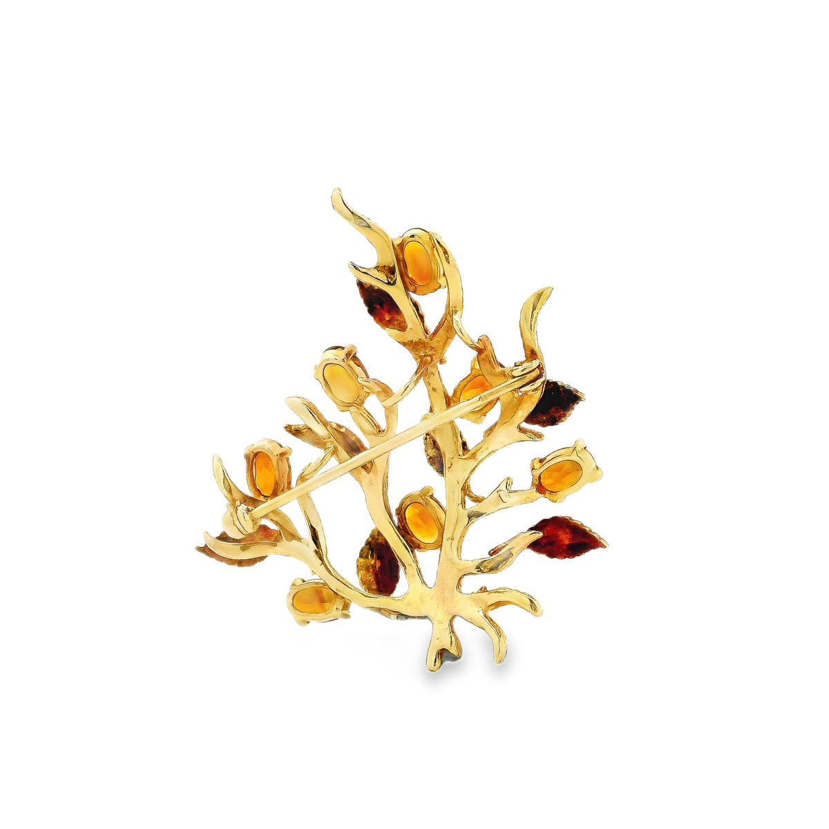 14k Yellow Gold Vintage Orange Gemstone Branch and Leaves Brooch Pin — worn on the finger
