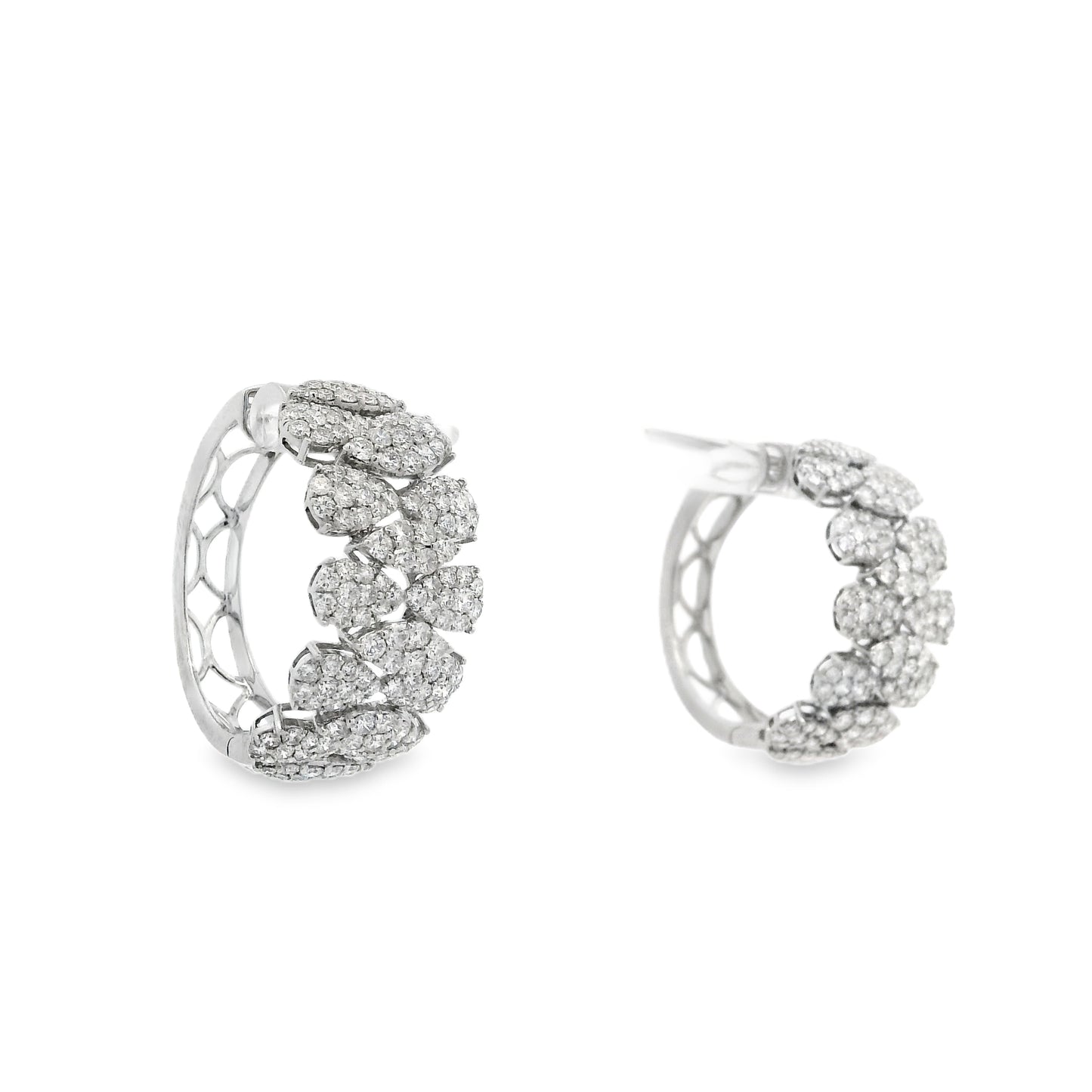18k White Gold 5.97ctw Round Brilliant Diamond Cluster Pavé Hoop Earrings — worn on the ear