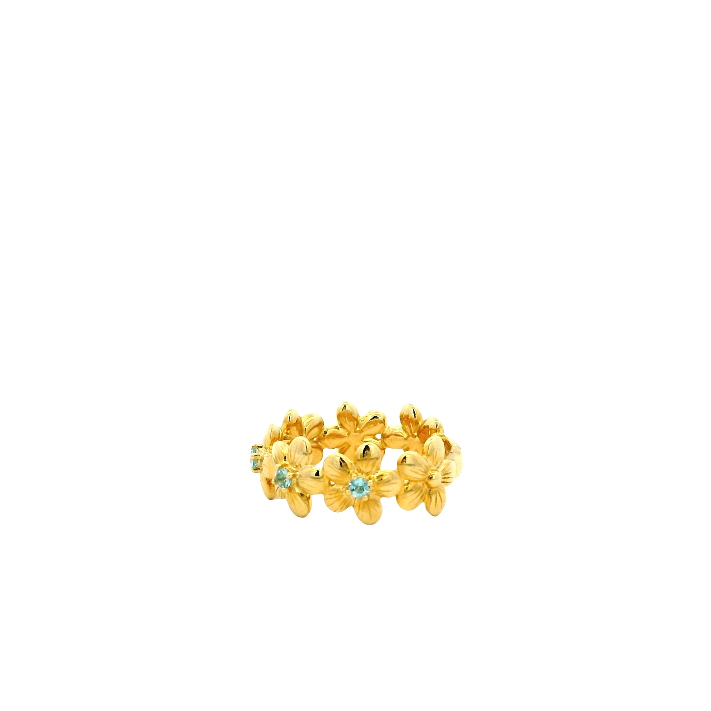 Gabriel and Co. 14k Yellow Gold 0.19ctw Swiss Blue Topaz Floral Stackable Ring — worn on the finger