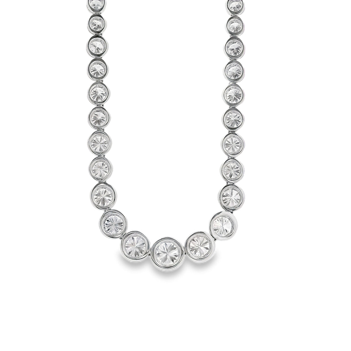 18k White Gold 6.54ctw Round Natural Diamond Half-Way Bezel Set Tennis Necklace 17" — worn at the neckline