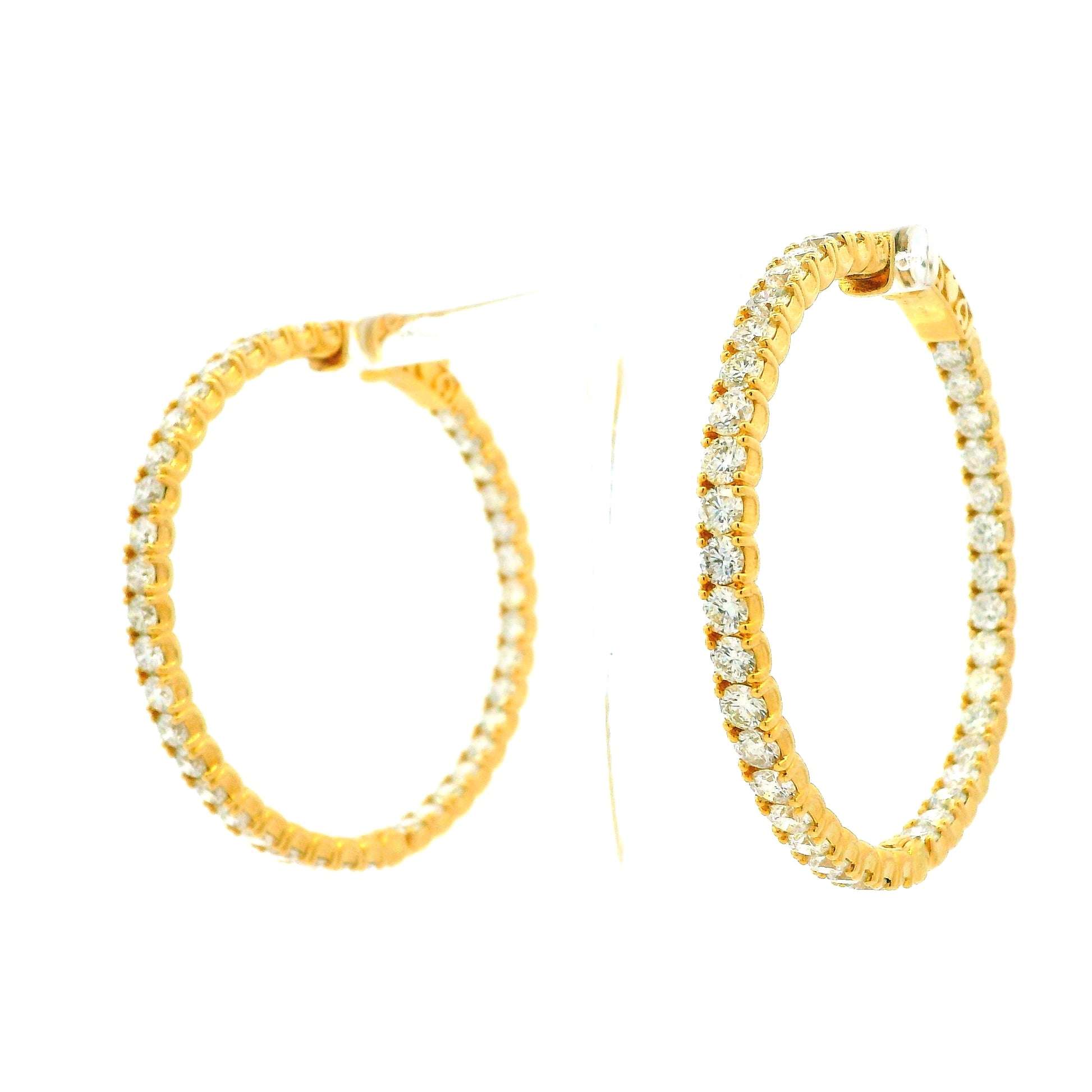 14k Yellow Gold 11.75ctw Round Diamond Inside Out Hoop Earrings — worn on the ear