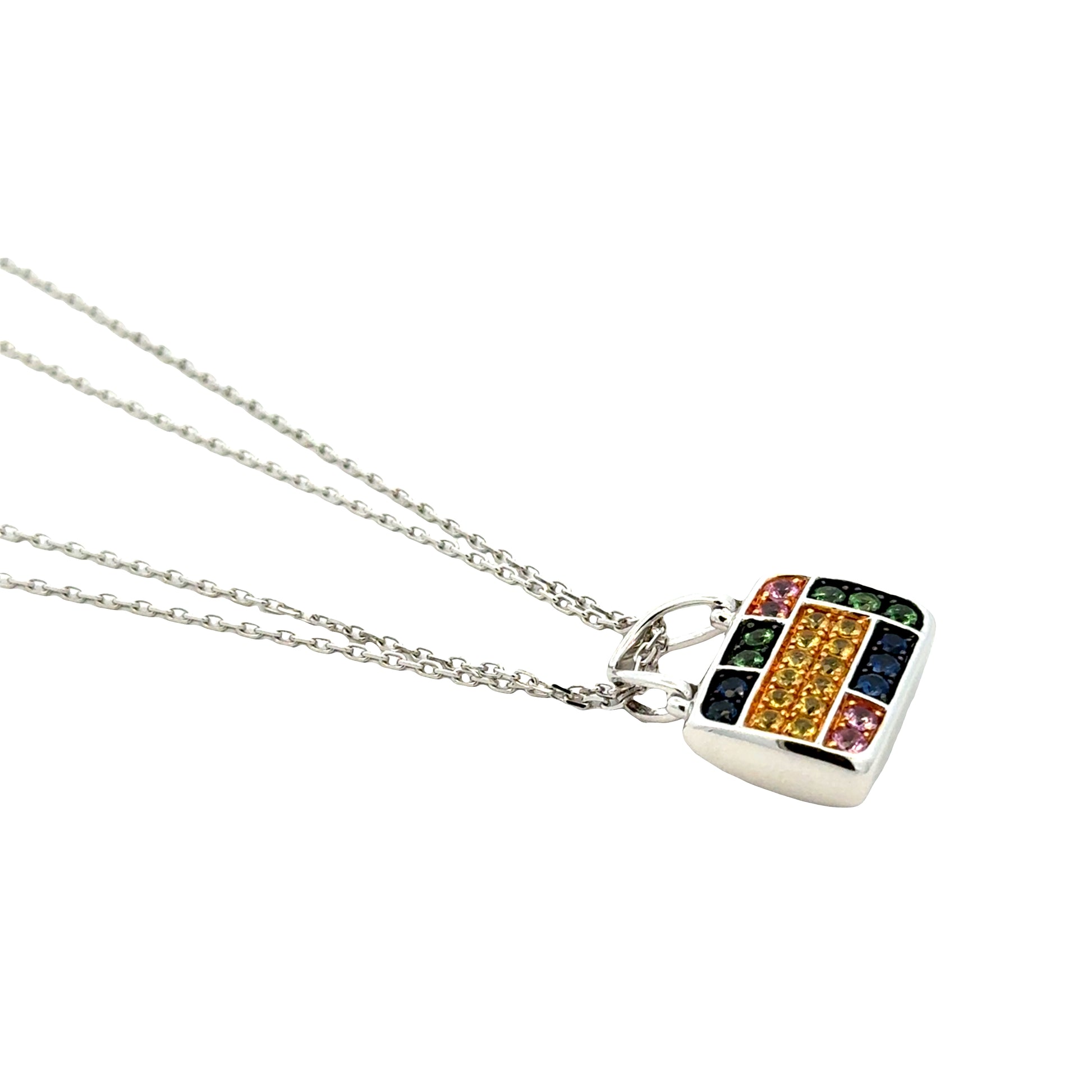 18k White Gold 2.00ctw Multi-Color Sapphire Pavé Purse Pendant Necklace — worn at the neckline