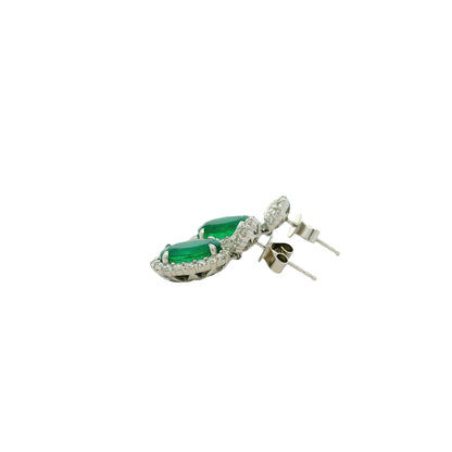 14k White Gold 5.21ctw GIA Certified Natural Green Emerald and Diamond Dangle Earrings — worn on the ear