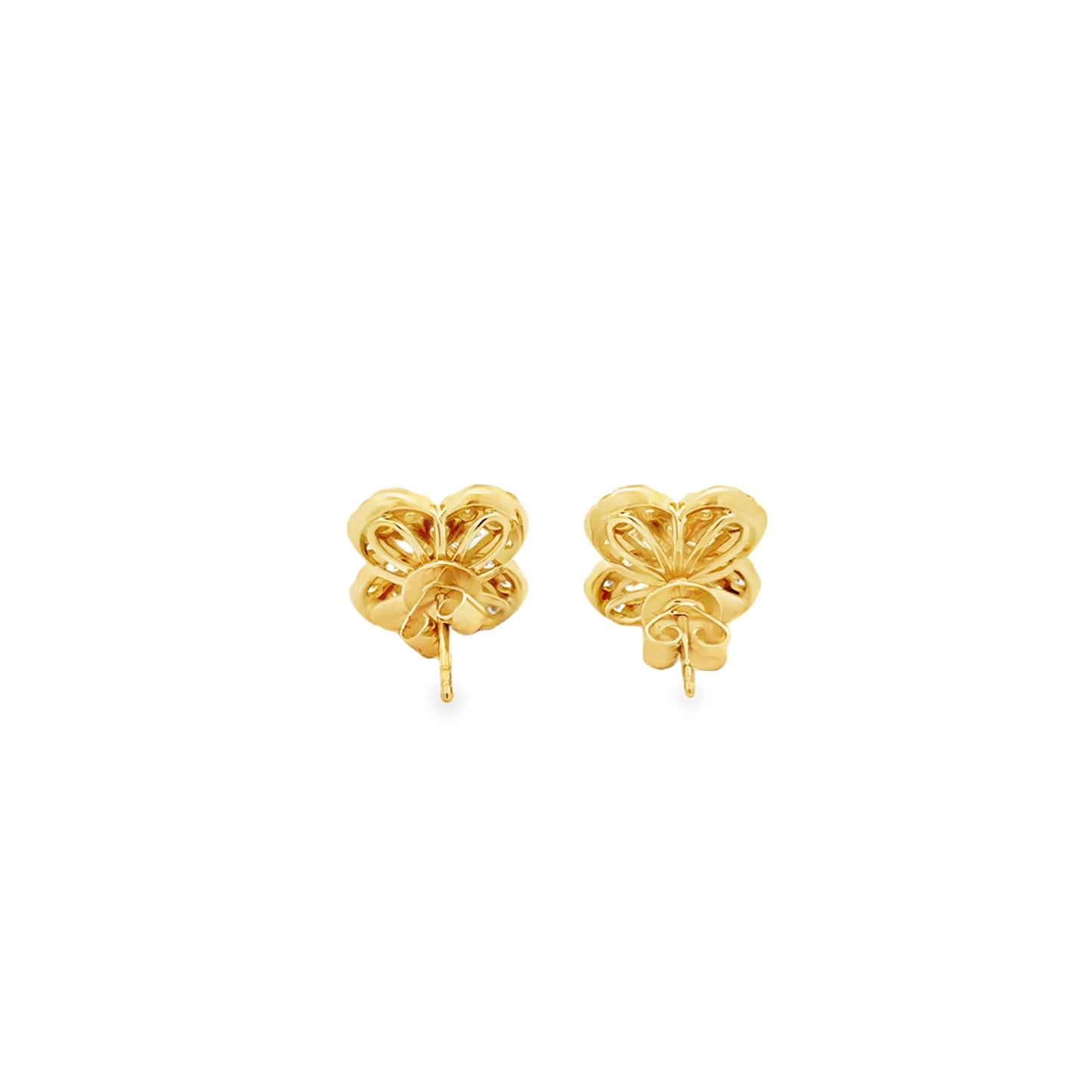 18k Yellow Gold 2.02ctw Round Brilliant and Baguette Diamond Clover Stud Earrings — worn on the ear