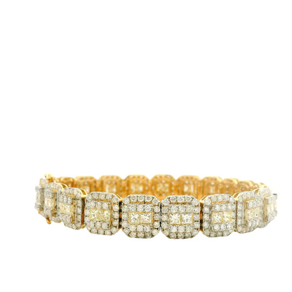 14k Yellow Gold 14.58ctw Princess Cut and Round Brilliant Diamond Cluster Tennis Bracelet — worn on the wrist