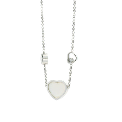 Chopard Happy Hearts 18k White Gold Diamond Mother of Pearl Heart Pendant Necklace — worn on the wrist