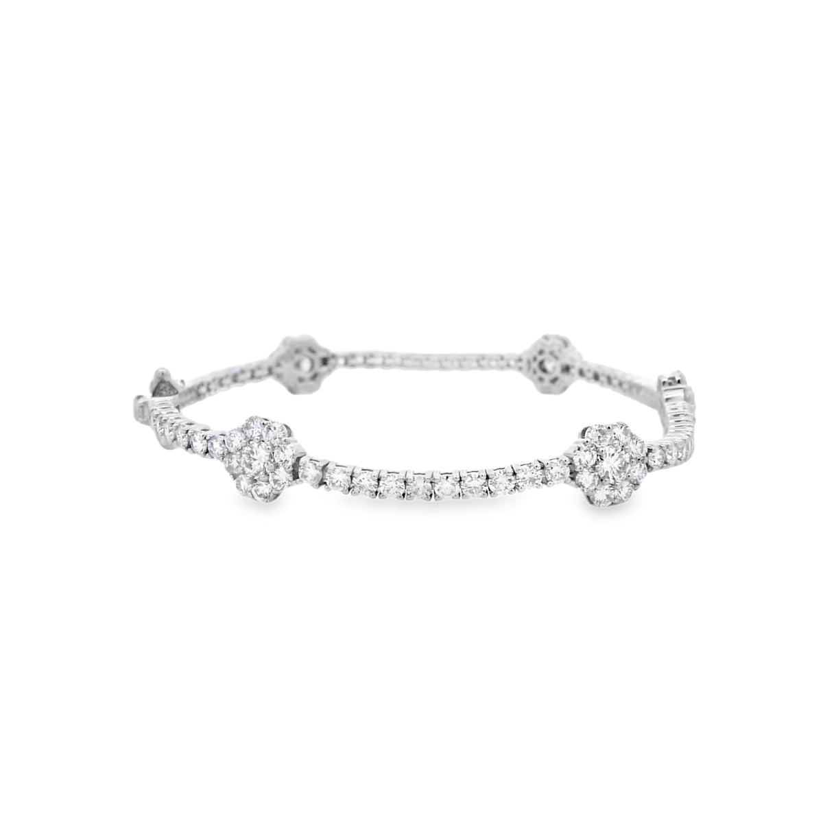 14k White Gold 4.85ctw Round Brilliant Diamond Flower Cluster Tennis Bracelet — worn on the wrist