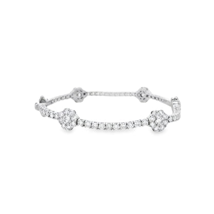 14k White Gold 4.85ctw Round Brilliant Diamond Flower Cluster Tennis Bracelet — worn on the wrist