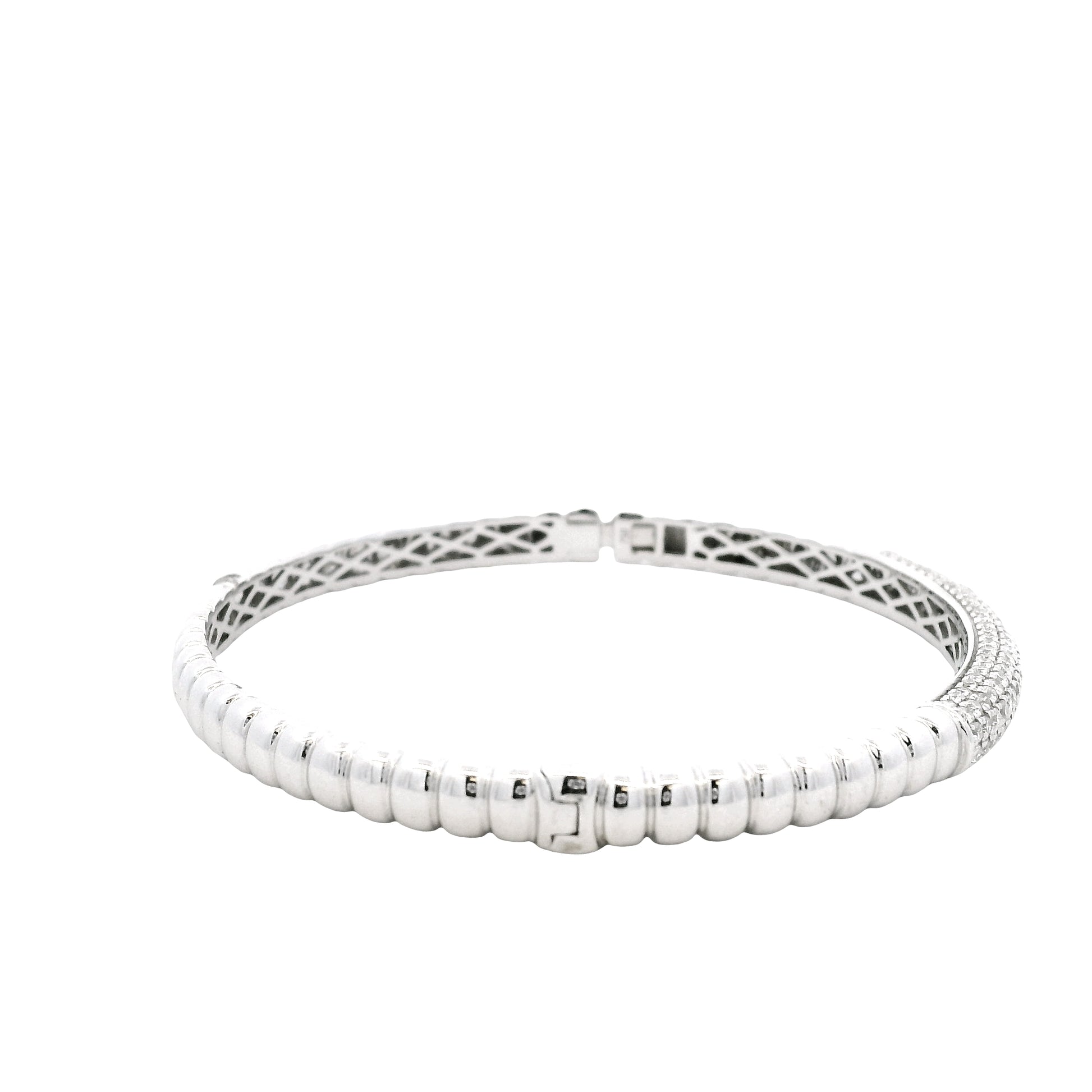 18k White Gold 1.30ctw Round Brilliant Diamond Pavé Scalloped Bangle Bracelet — worn on the wrist