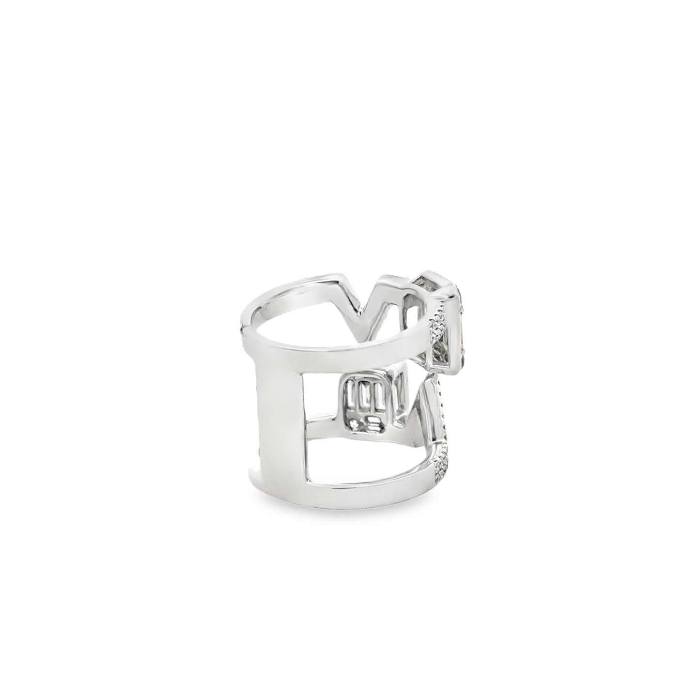 18k White Gold 1.72ctw Round Brilliant and Baguette Openwork Fashion Ring — worn on the finger
