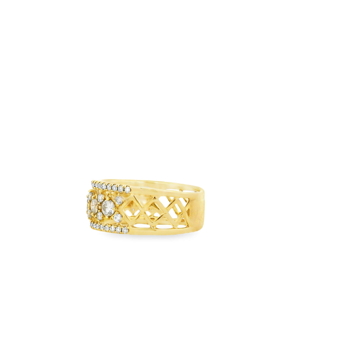 Gabriel and Co. 14k Yellow Gold Three Row 1.12ctw Diamond Wide Band Ring — worn on the finger
