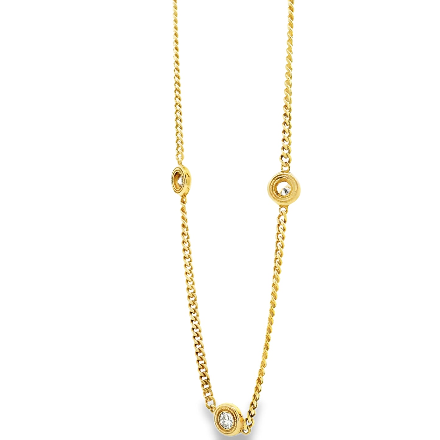 18k Yellow Gold 0.30ctw Round Brilliant Diamond Bezel Set Curb Chain Necklace — worn at the neckline
