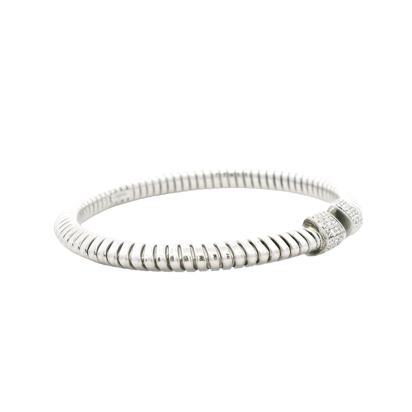 18k White Gold 0.48ctw Round Brilliant Diamond Ribbed Pavé Bangle Bracelet — worn on the wrist