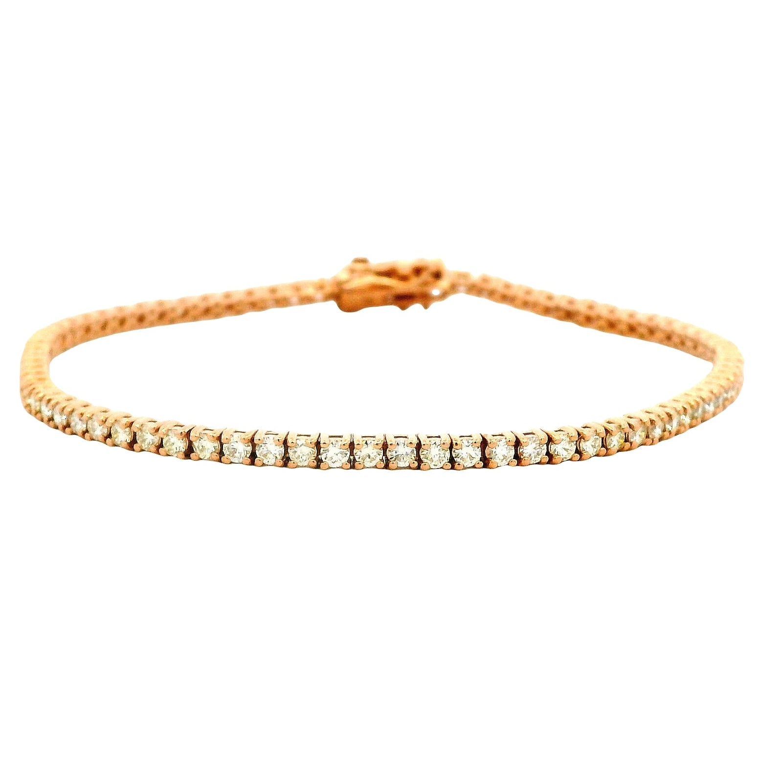 14k Rose Gold 2.40ctw Round Brilliant Diamond Tennis Bracelet — worn on the wrist