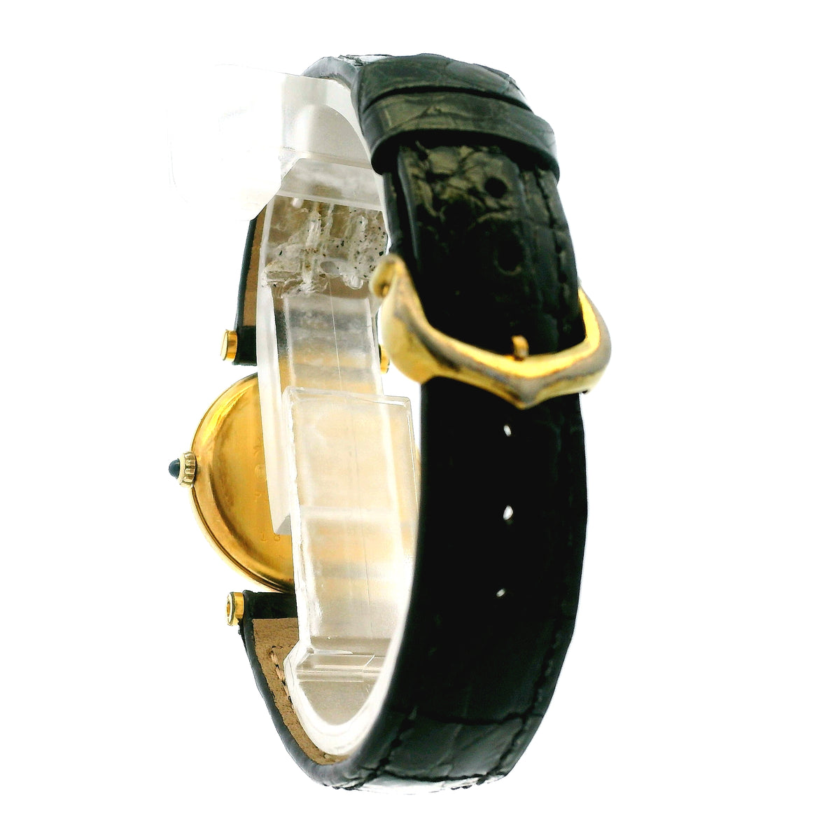 Must de Cartier Vendome 18k Gold Plated Black Dial Leather Strap Watch — worn on the wrist