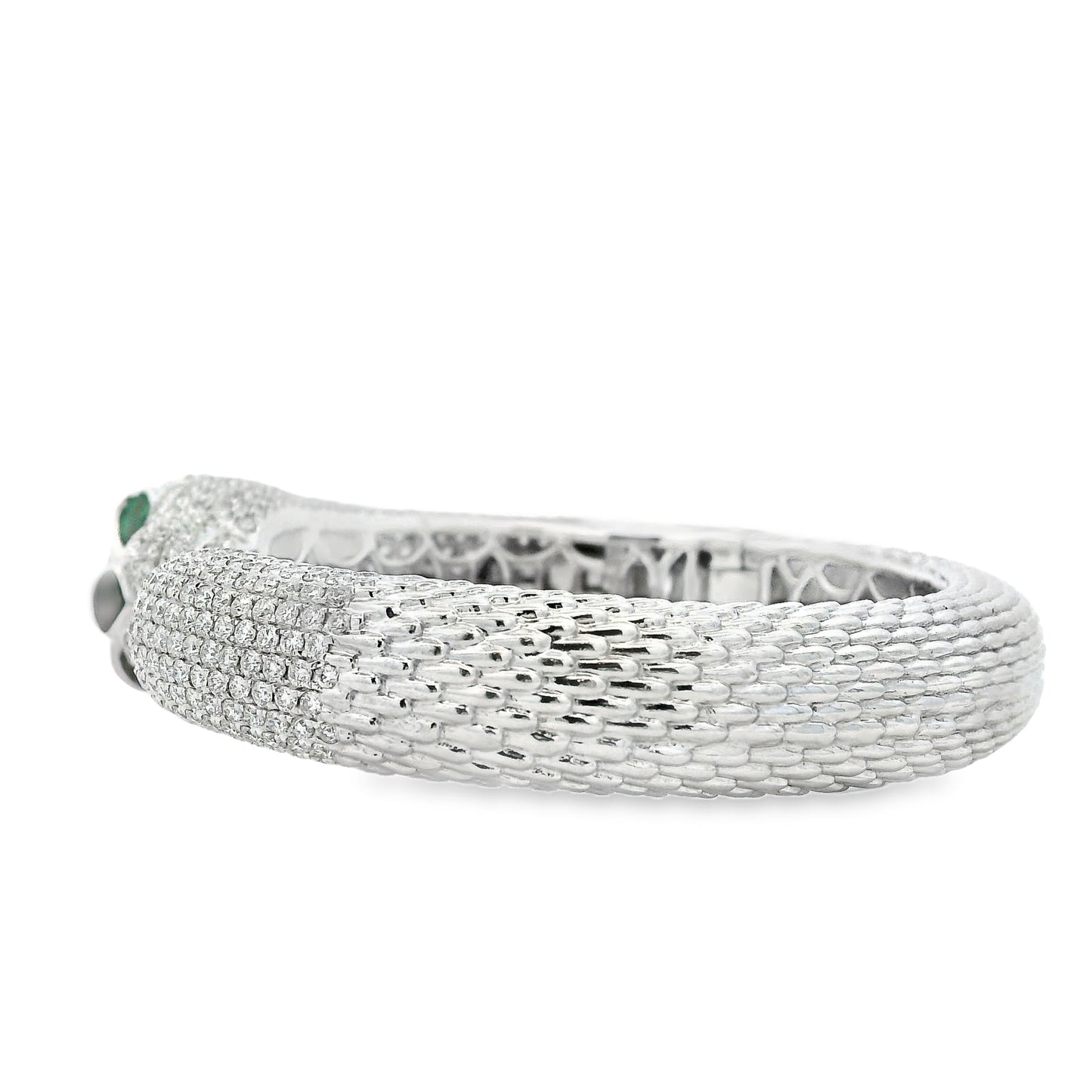 18k White Gold 0.31ctw Emerald and 10.57ctw Round Diamond Pavé Panther Hinged Bangle Bracelet — worn on the wrist