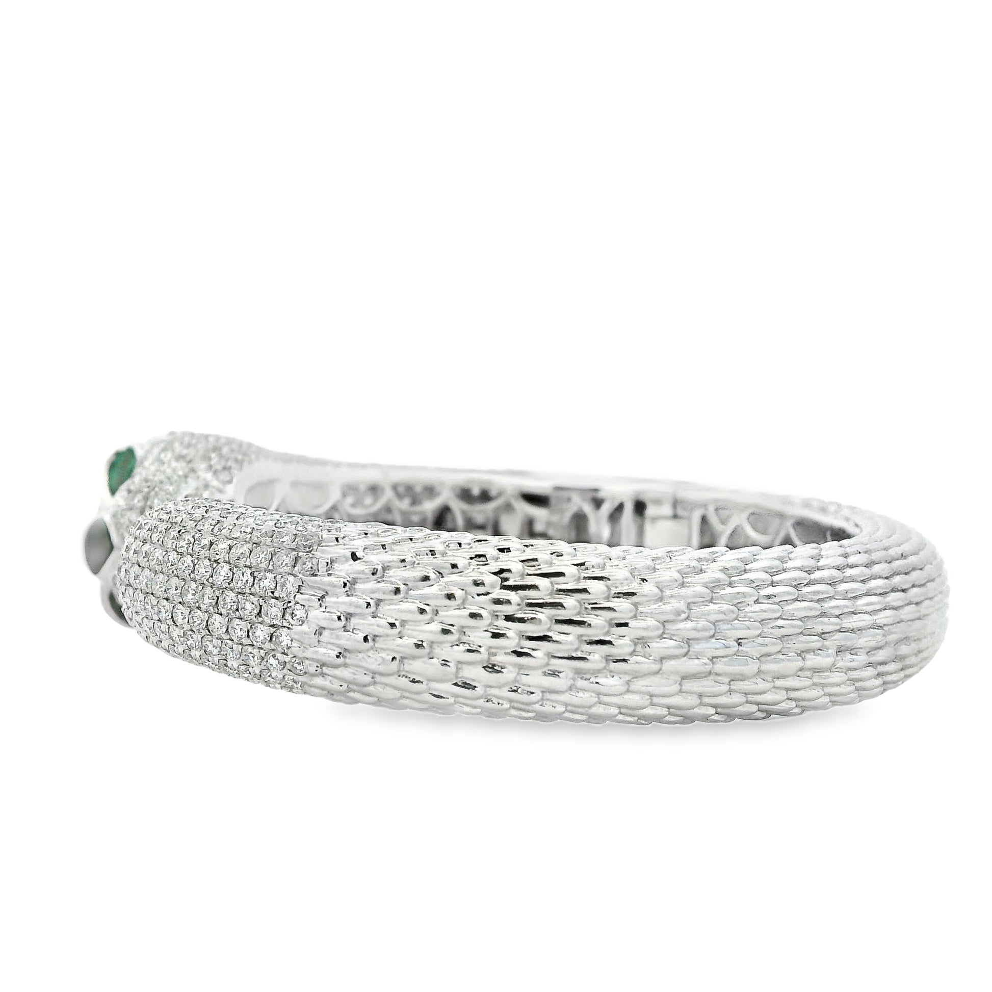 18k White Gold 0.31ctw Emerald and 10.57ctw Round Diamond Pavé Panther Hinged Bangle Bracelet — worn on the wrist