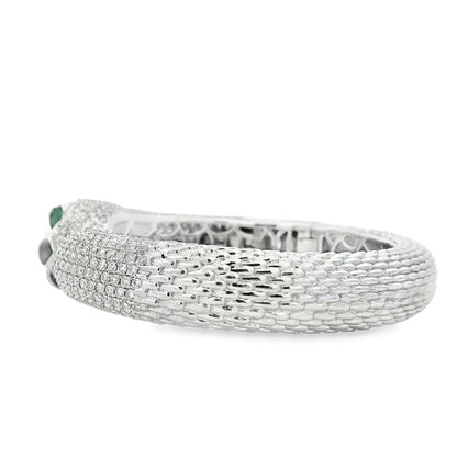 18k White Gold 0.31ctw Emerald and 10.57ctw Round Diamond Pavé Panther Hinged Bangle Bracelet — worn on the wrist