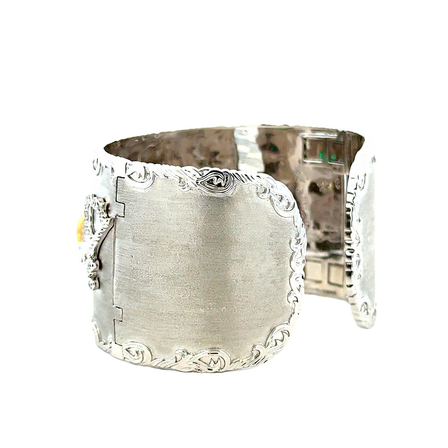 18k White Gold GIA Certified 6.72ct in Three Natural Emeralds and 1.98ctw Round Diamonds Hinged Cuff… — worn on the wrist