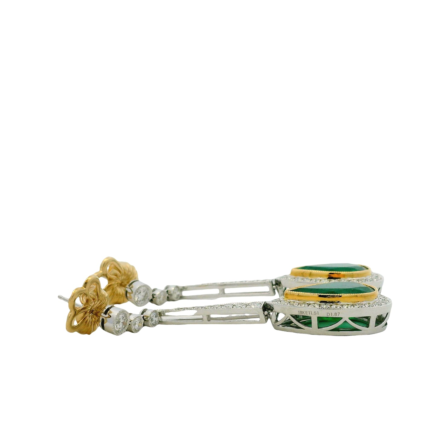 18k White Gold 11.51ct Emerald and 1.54ctw Round Brilliant Diamond Drop Earrings — worn on the ear