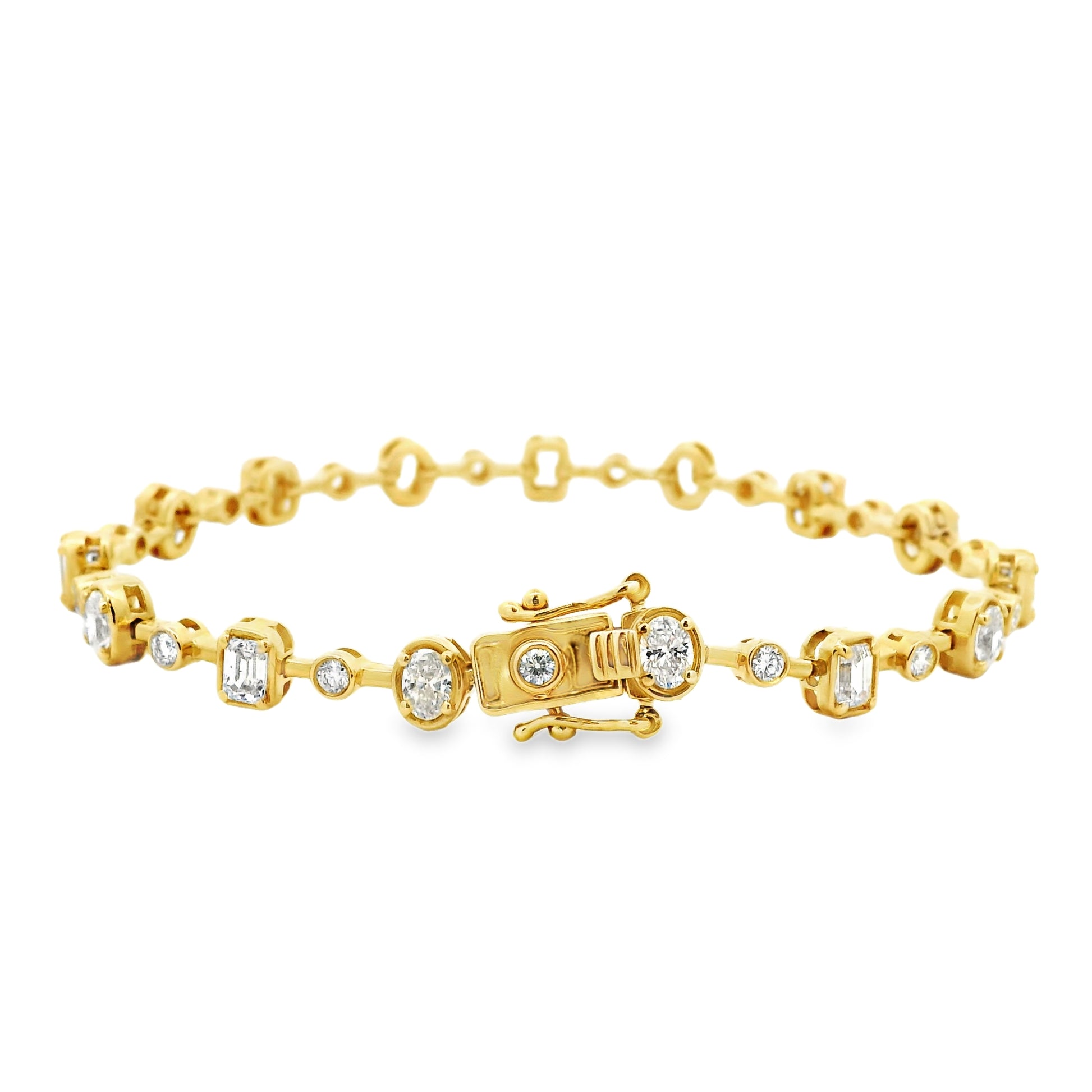14k Yellow Gold 3.58ctw Mixed Cut Diamond Tennis Bracelet — worn on the wrist
