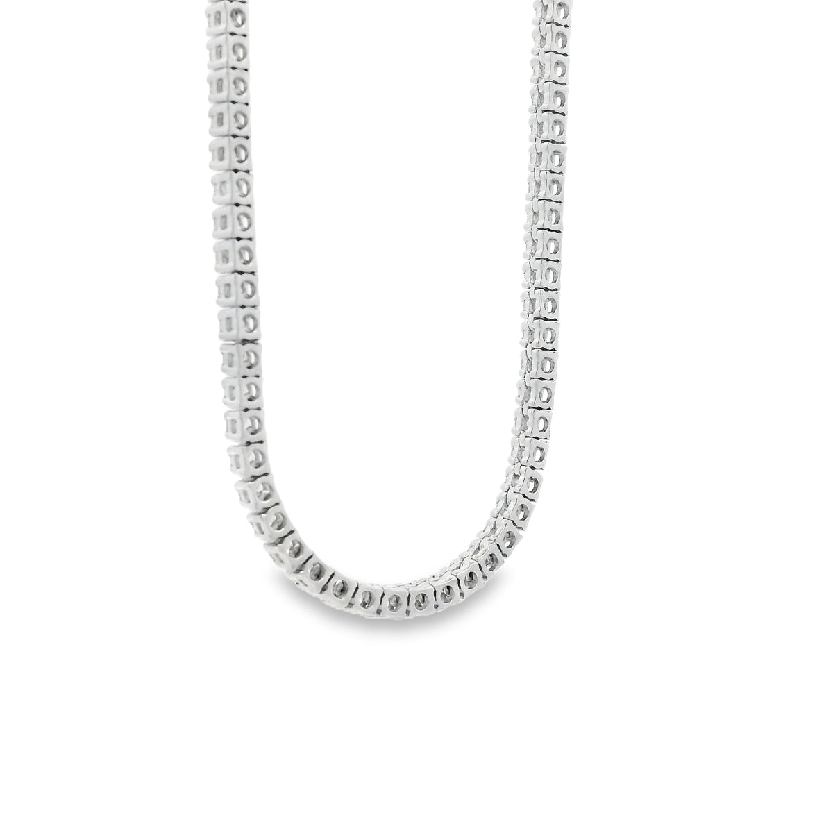 14k White Gold 7.13ctw Round Brilliant Diamond Tennis Necklace 18" — worn at the neckline