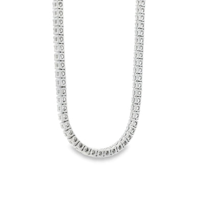 14k White Gold 7.13ctw Round Brilliant Diamond Tennis Necklace 18" — worn at the neckline