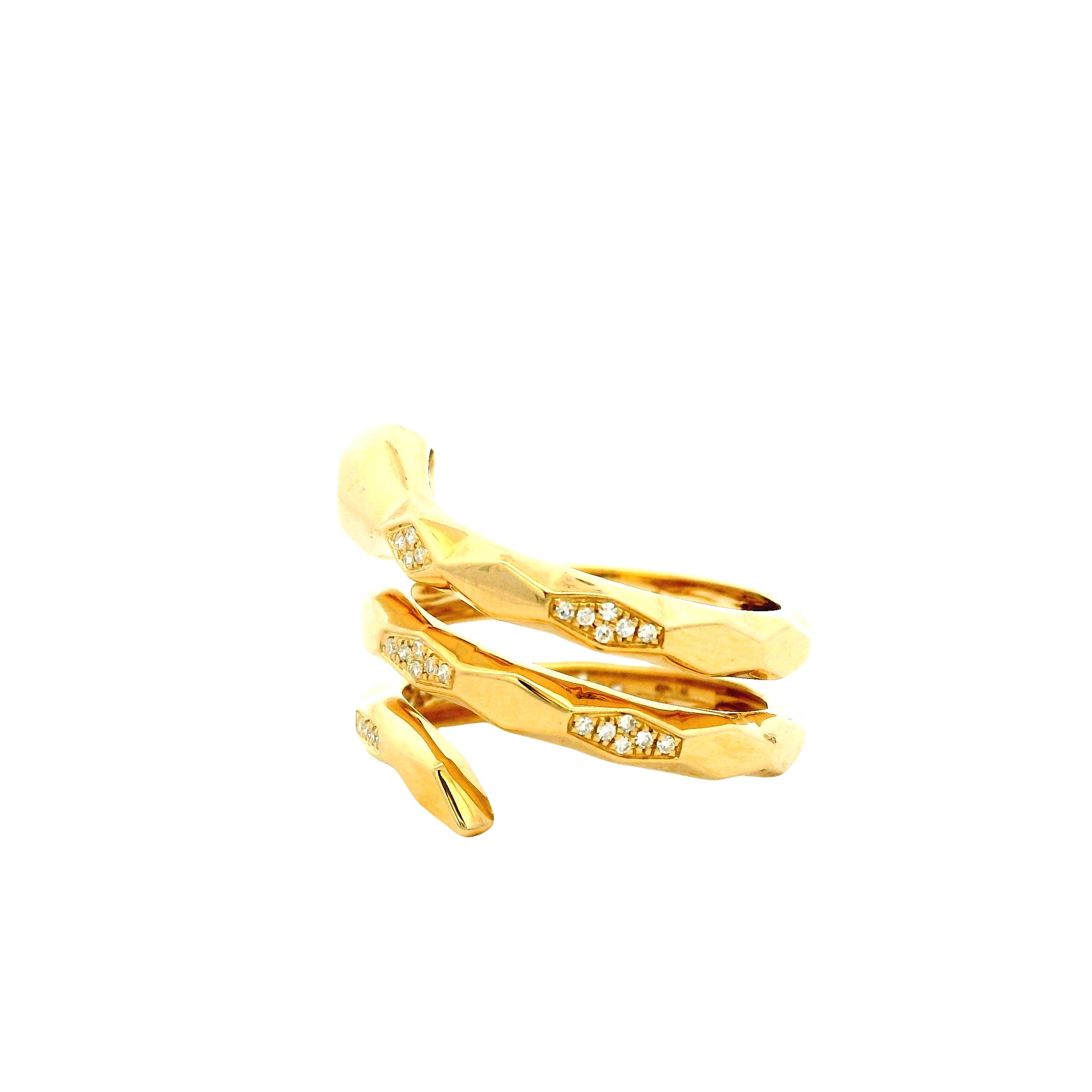 14k Yellow Gold 0.15ct Round Brilliant Diamond and 0.07ct Emerald Cut Diamond Snake Wrap Ring — worn on the finger